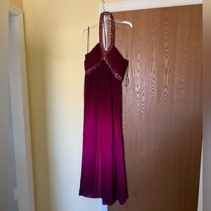 Wine ombré halter dress with ruching and beading